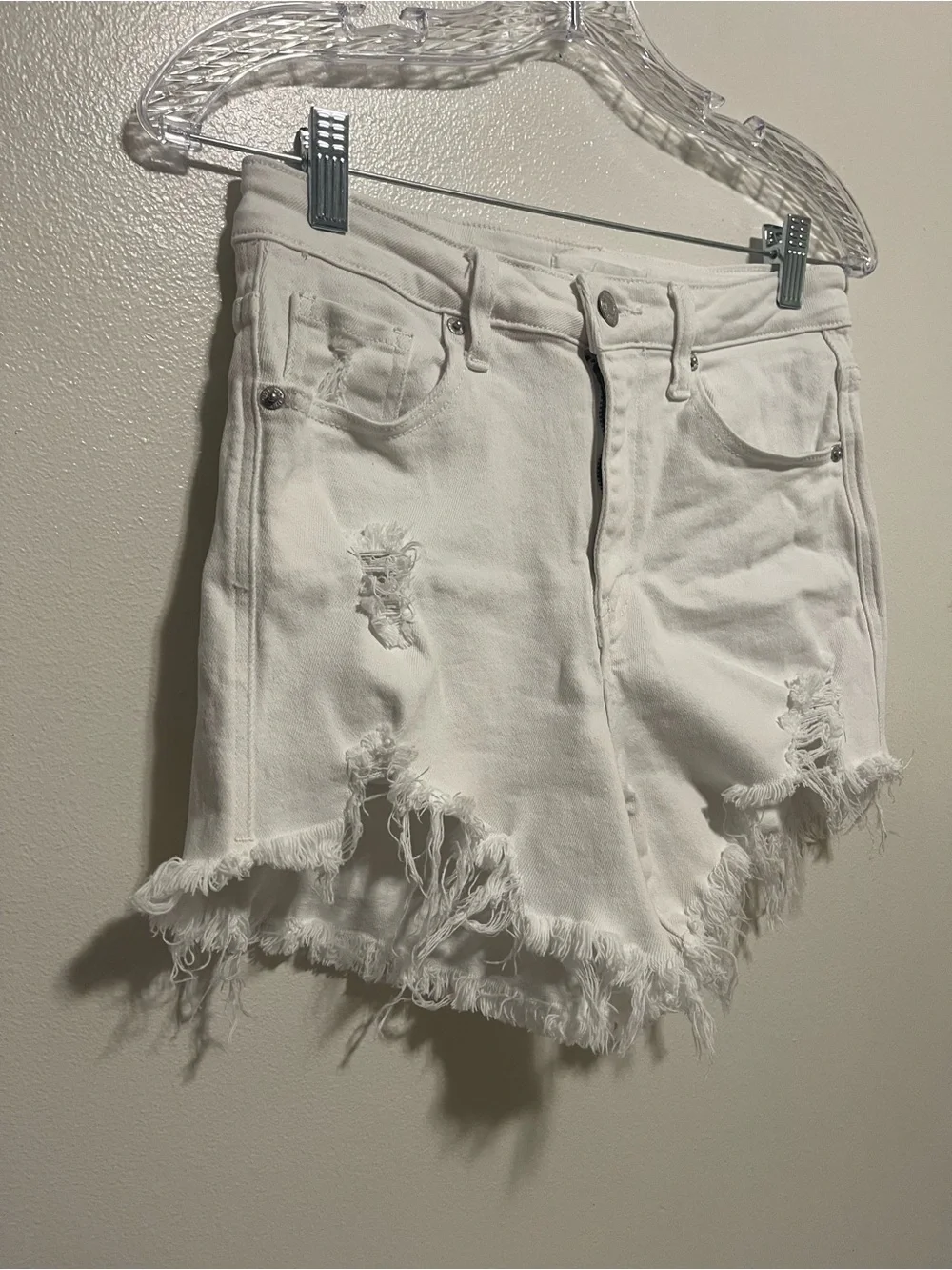 High-Rise White Distressed Frayed Hem Denim Shorts